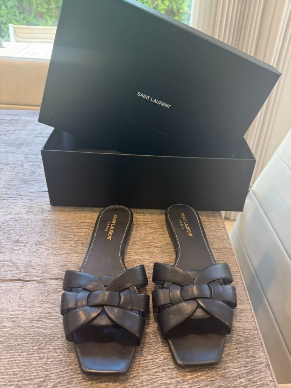 Saint Laurent YSL Tribute Flat Leather Mules Sandals Black Nero